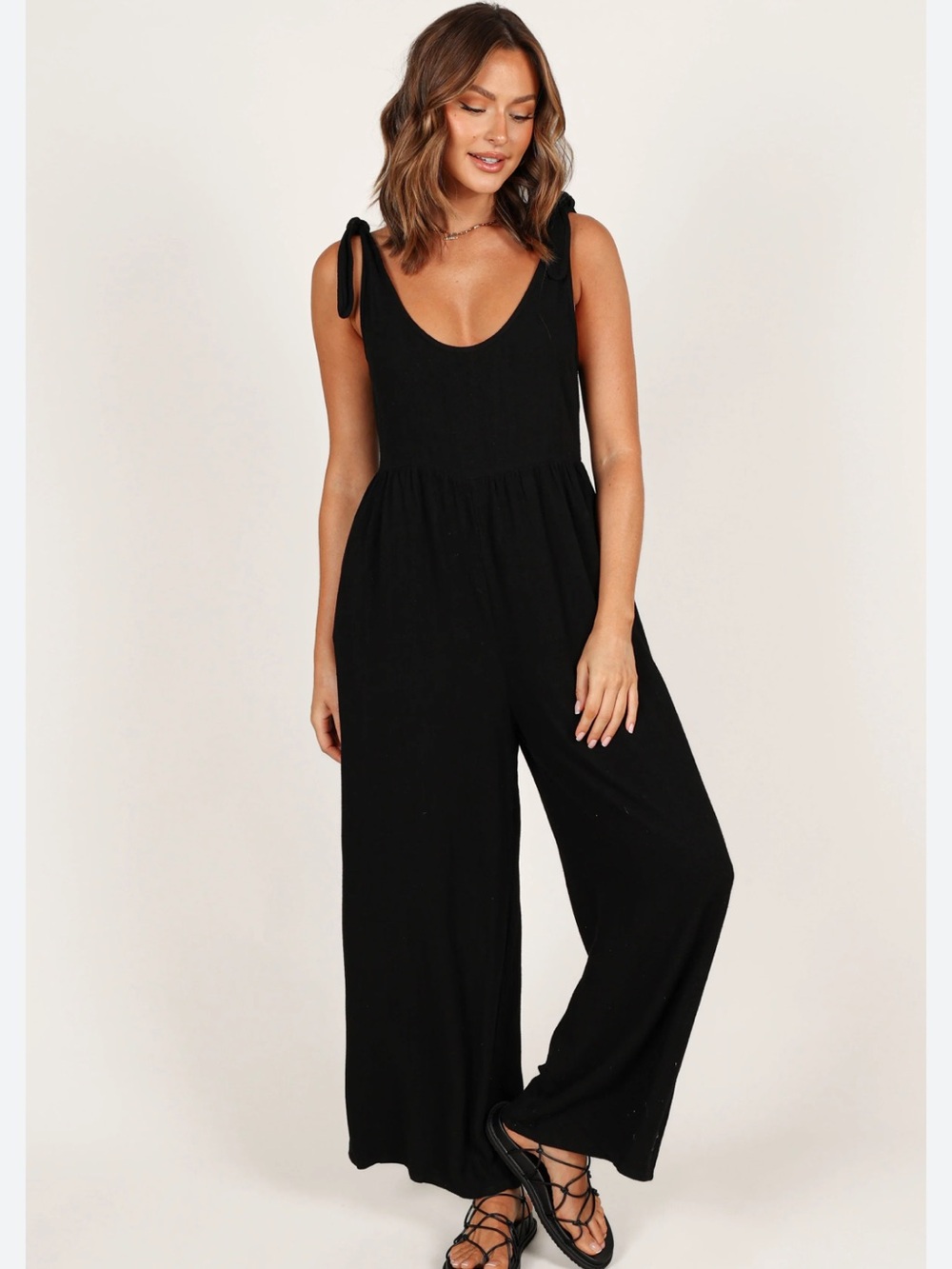 Petal & Pup Ayla 100% Linen Black Wide Leg Jumpsuit Medium Tie Shoulder